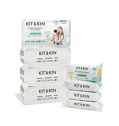 Kit & Kin Paquete de iniciación – Pañales ecológicos hipoalergénicos tamaño 1 y toallitas ecológicas para bebés (borde)