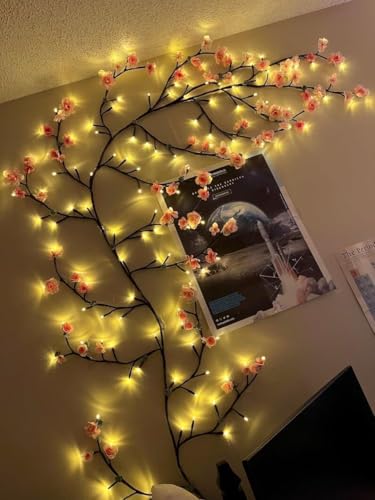 Image of Cherry LED Tree Branch Lights for Wall, Cherry Blossom Willow Vine Twig Decor Garland with 96 LED Lights and Remote,8 Lighting Modes,Christmas Decorations Indoor for Home Wall Door Window