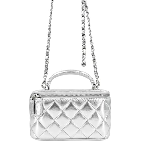 Image of M-ioi-M Small Genuine Leather Purse Quilted Crossbody Bag for Women, Mini Top-Handle Shoulder Handbag w /Gold Chain Strap