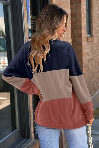 KISSMODA Womens Casual Long Sleeve Sweatshirts Color Block/Solid Tops Corduroy Crewneck Tunic Pullover with Pockets