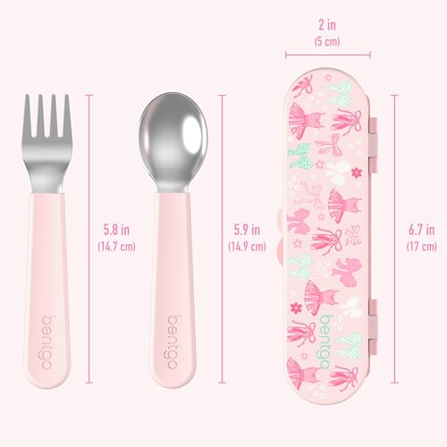 Image of Bentgo Kids Stainless Steel Utensil Set - Reusable Fork, Spoon & Storage Case, PFAS- & BPA-Free, Easy-Grip Handles, Lightweight, Dishwasher Safe, School Lunch, Travel & Outdoors (NEW Ballet and Bows)