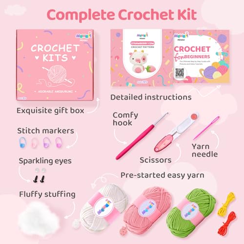 Image of Mewaii Crochet Kit for Beginners Level 3 with 40% Extra Eco-Friendly Pre-Started Easy Yarn, Step-by-Step Video Tutorials for Adults and Kids (Strawberry Cow)