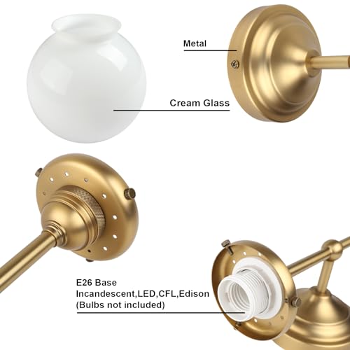 Image of Yosoan Indoor Milk Glass Wall Sconce Set of 2, Brass Modern Vintage Industrial Fixture Lights Hardwired with Round Glass Shade Lamp for Bathroom Mirror Living Room Bedside Bedroom Hallway(Antique)