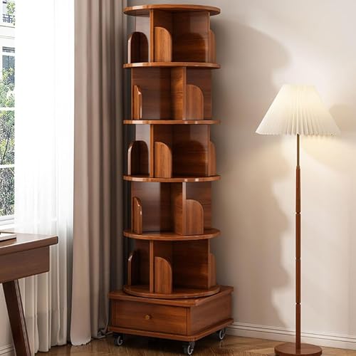 6-Tier Round Rotating Bookshelf with Storage Drawer, Mid-Century 360 Spinning Bookcase Tower with Wheels,68