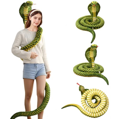 ELAINREN Ultra-Soft Green Cobra Plush Pillow Realistic Super Long Snake Stuffed Animals Toy Large Qamra The Queen Cobra Stuff Python Plushie Doll Gifts/94.5''