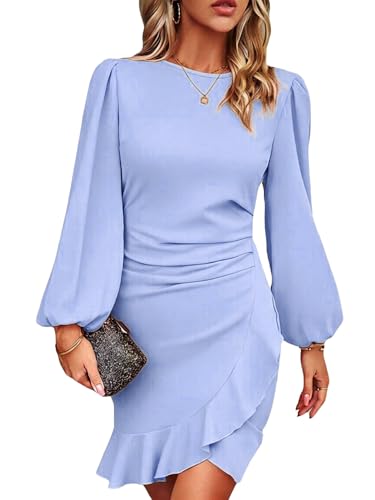 Image of Spicy Sandia Women Ruched Bodycon Cocktail Formal Mini Dress Elegant Ruffled Lantern Sleeve Business Work Banquet Tulip Dress