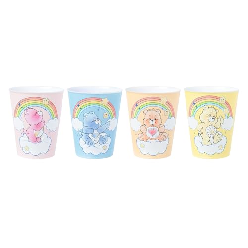 Image of Silver Buffalo Care Bears Rainbow 4 Piece Plastic Mini Cup Set Featuring Cheer, Grumpy, Tenderheart, and Funshine Bear, 1.5 Ounces