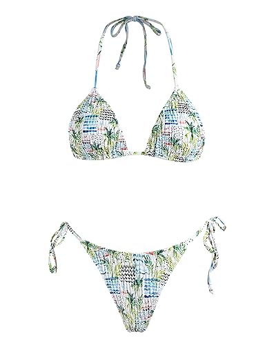 Image of Women's Triangle Bikini Set String Swimsuit Print Tie Smocked Ruched Two Piece Bathing Suit