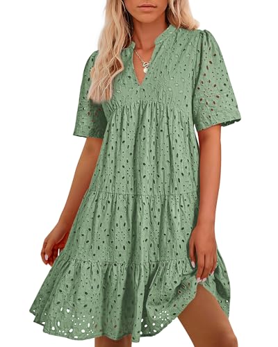 Image of BTFBM Womens Boho Summer Dresses 2026 Spring V Neck Short Sleeve Hollow Out Lace Ruffle Casual Beach Mini Vacation Dress