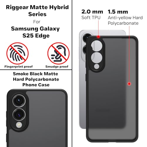 Image of RIGGEAR Shockproof Sleek Hybrid Armor Back Cover Case for Samsung Galaxy S25 Edge (Smoke Black Matte PC with Black TPU Bumper)