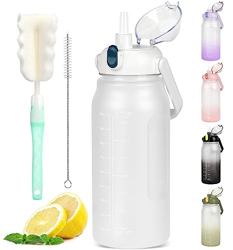 GXCROR Botella de agua de 2 litros con pajita, a prueba de fugas, apta para lavavajillas, marca de tiempo, botella de agua para gimnasio