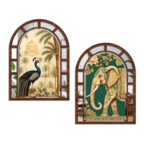 Image of Artvibes Decorative Elephant & Peacock Wall Hanging | Jharokha Mirror Wall Decor for Living Room, Bedroom, Hall, Dining Room, Foyer & Entryway | Gift (WHJ 12052N), Set of 2