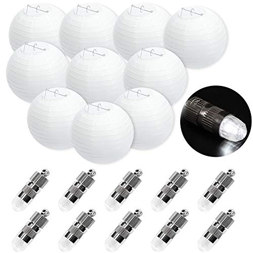 FullBerg ® Lot de 10 lanternes en papier de 15 cm + 10 mini ballons LED blanc chaud - Abat-jour rond - Décoration de fête de mariage - Lampe en papier de 15...