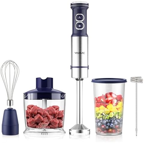 YISSVIC Hand Blender 1200W 5 In 1 Immersion Blender 12 Speed Stick Blender with 500ml Food Grinder 700ml Container Chopper Whisk Puree Infant Food, Smoothies, Sauces Soups (1200W 5 In 1 Blue) Cover