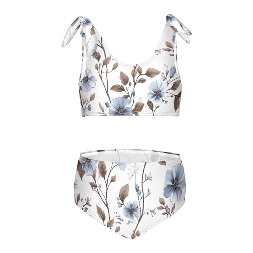 Girls Blue Flowers with Brown Leaves Pattern Swimsuit Two Pieces Bikini Set Bathing Suits Swimwear Crop Top Swimsuit Set