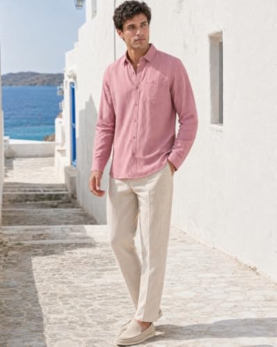 Image of Nobero Breezy Premium Linen Cotton Shirt for Men | Stylish Casual Shirts for Men | Semi Cut Collar | Box Pleat | Curved Hem | Regular Fit | Full Sleeve | S-XXXL