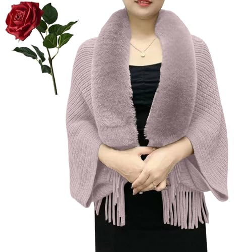 Permitime Knitting Thick Women's Loose Shawl With Fur Collar - Fuzzy Trim Cardigan With Knit Fringe3