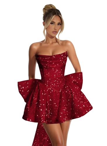 VOfuter Sparkly Sequin Homecoming Dresses with Bow Cowl Neck Cocktail Party Dress A-line Short Prom Gown for Teens