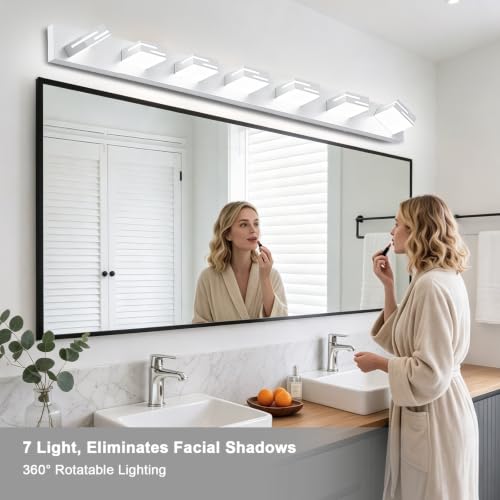 Image of LED Modern Bathroom Vanity Light Fixtures, Dimmable White Vanity Lights for Bathroom Lighting Fixtures Over Mirror, with 360 Rotatable Acrylic Heads 7-Light 48-inch (Cool White 6000K)