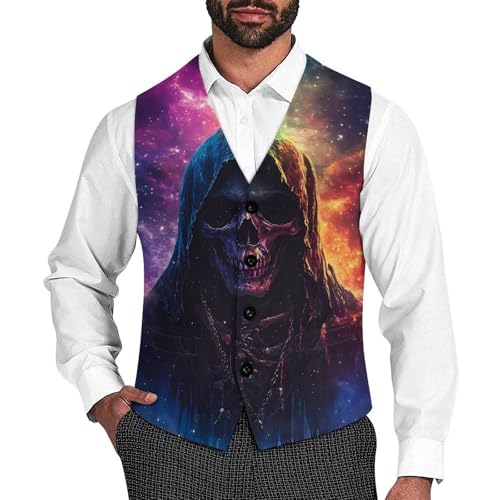 Grim Reaper Gothic Skeleton Mens Slim Fit Suit Vest Dress Waistcoat Casual Business Vest