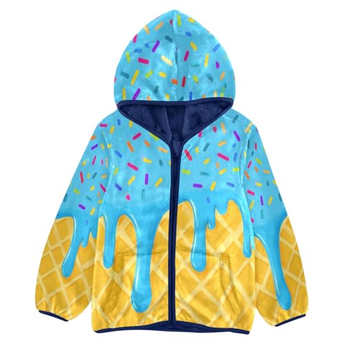 Blue Ice Cream Drip Toddler Fleece Jacket Girl Boys Hooded Fleece Jacket Coat Warm Outwear Zip-up 3-10T