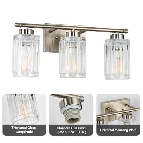 Image of 3 Light Bathroom Light Fixtures Modern Brushed Nickel 18 Inch Vanity Lights for Bathroom Lighting Fixtures Over Mirror with Thickened Glass Shade for Cabinet Mirror Bedroom Hallway