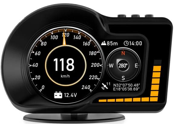 Car HUD Heads Up Display, OBD & GPS Speedometer with MPH Digital Speed, Tachometer, Water Temp Gauge, Fatigue & Speeding Alarm for Most Vehicles After 2008