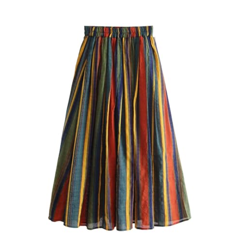 Women Colorful Striped Midi Skirt Vintage High Waist Casual Cotton Linen A-Line Skirts2
