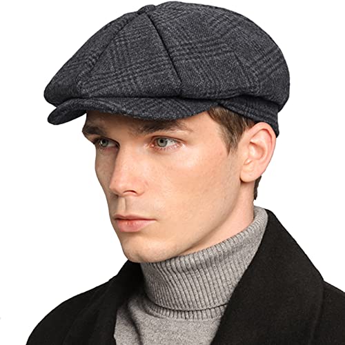 Mens Newsboy Cap High Woolen Tweed Gatsby Hat Ivy Cabbie Flat Golf Cap for Fathers Women Unisex
