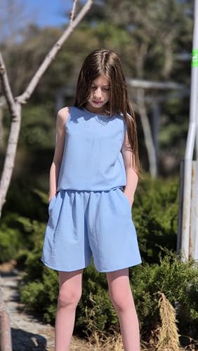 Image of Arshiner Girls Summer 2 Piece Outfit Sleeveless Top and Paperbag Waist Shorts with Pockets Kids Shorts Set Ages 5-13