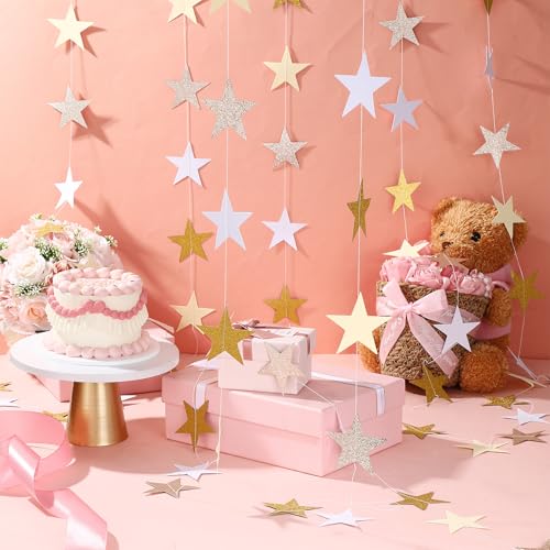 Image of Patelai 130 Feet Glitter Star Garland Banner 2026 Party Decoration Double Side Star Hanging String Streamer Paper Twinkle for Graduation Wedding Birthday (Glitter Gold and Champagne Gold,White)