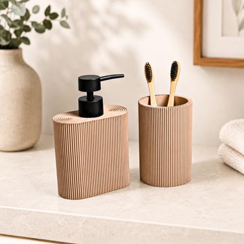 Image of MARKET 99 Bathroom Accessories Set of 2 | Brown Polyresin Soap Dispenser & Toothbrush Holder | Textured Matte Bathroom Organizer Set for Vanity, Countertop & Wash Basin