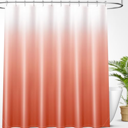 OLANLY Luxury Coral and White Ombre Shower Curtain Sets with 12 Hooks, Waterproof and Washable Decorative Shower Curtains for Bathroom, 72x72 Inches