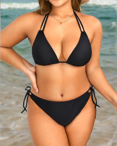 Daci Women Plus Size Triangle Bikini Sets Two Piece Double Straps Halter Swimsuit Side Tie String Sexy Bathing Suits Black L - Image 7