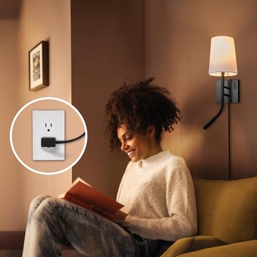 Image of Globe Electric 1-Light Plug-in or Hardwired Wall Sconce with LED Integrated Reading Light, USB-A Port, USB-C Port, Matte Black, White Fabric Shade, On-Off Pull Chain and Rocker Switch