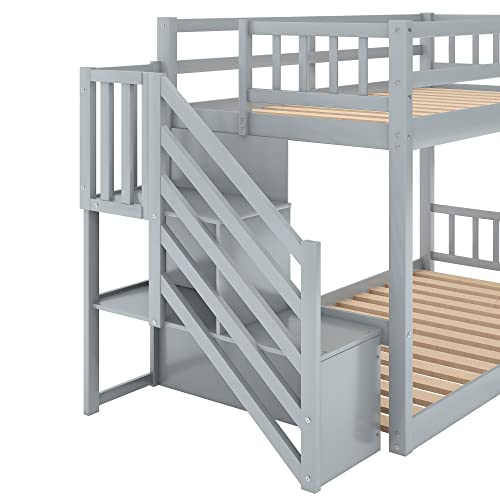 Eafurn Twin Over Twin Floor Bunk Beds With Stairs For Teens, Low Bunk Beds With Storage Staircase,Solid Wood Stairway Bunk Bed Frame For Kids Boys Girls, No Box Spring Required #TOP7