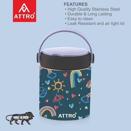 Image of ATTRO Happy Go Vacuum Insulated ISI Certified Stainless Steel Soup Jar 500ml, Leakproof & BPA-Free for Kids & Adults, Long Temperature Retention,Ideal for School, Office & Travel-Rainbow Magic Blue