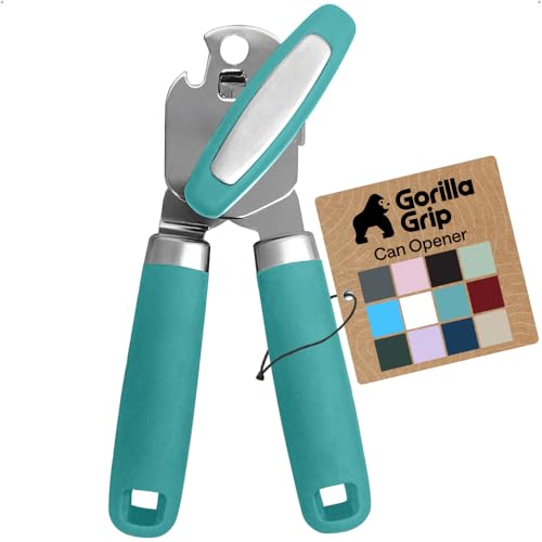 GORILLA GRIP Heavy Duty Stainless Steel Smooth Edge Manual Can Opener and Bottle Openers, Soft Comfortable Handle, Oversized Handheld Turn Knob, US Designed Multifunctional Kitchen Tool, Turquoise
