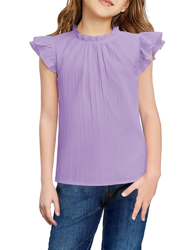 Image of Arshiner Girls Ruffle Short Sleeve Shirts Cute Summer Frill Neck Pleated Textured Blouse Tops