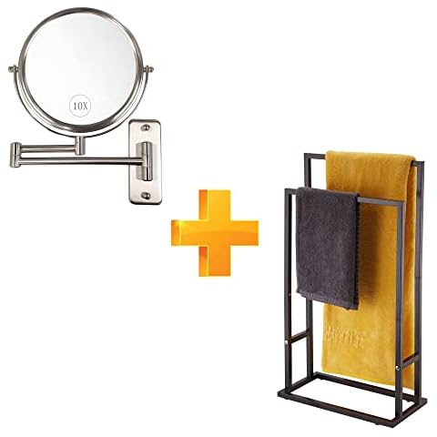 ALHAKIN 10X Wall Mounted Makeup Mirror Nickel Finished, 2 Tier Towel Racks for Bathroom Black Bath Towel Bar Holder Standing Cover