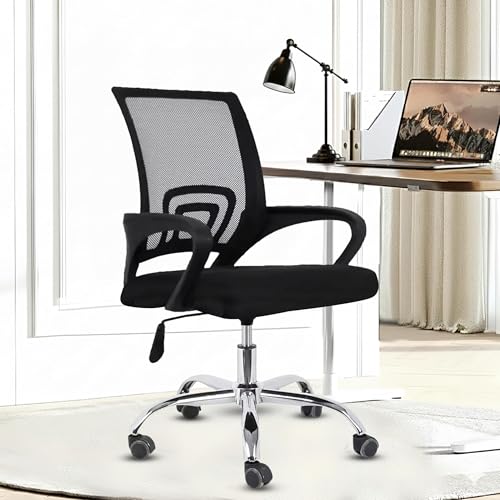 Image of Casa Copenhagen Mesh Mid Back Office /Study /Computer /Revolving /Desk Chair for Work from Home -Metal Base, Height Adjustable Seat- Dark Black & Black Handle