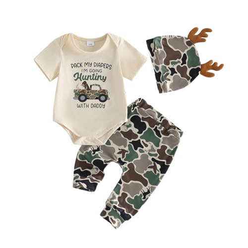 Scloutarry Baby Boy Hunting Clothes Daddys Romper Long Sleeve Crew Neck Letter Truck Print Bodysuit Camo Pants with Hat Set (Army Green 0-3 Months)