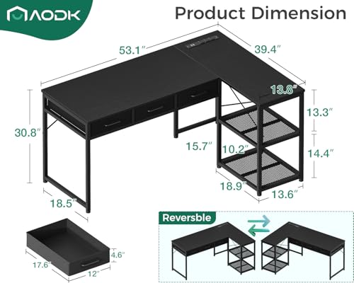 Image of AODK 53 Inch L Shaped Computer Desk with Drawers, Corner Desk with Power Outlets & Reversible Storage Shelves, for Home Office Gaming, Black