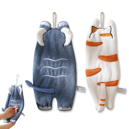 Dermalyx 2 Paños De Cocina De Coral Fleece, Toallas con Dibujo De Gato Y Elefante, Paños Uso En Cocina, Secado, Suaves Toallas De Coral Fleece