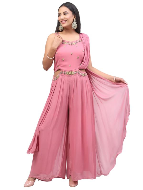Pink Indo Western Jumpsuit for Women | Georgette Embroidered Jumpsuit with Cut Dana & Sequin Work, Belt & Fitted Stole | Elegant Party & Festive Outfit-image-10
