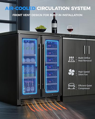 Image of 24 Inch Dual Zone Wine Fridge for 21 Bottles and 60 Cans, Under Counter Refrigerator with 42dB Quiet Operation & Blue LED Light, Beverage Refrigerator with Glass Door (Black)