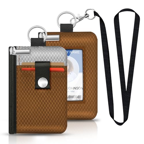 Image of Minimalist RFID Blocking Small Wallet with ID Window,WaterResistant Zip Id Case Wallet with Lanyard Keychain for Cards,Cash,Travel,Women,Men (Brown /Light Grey)