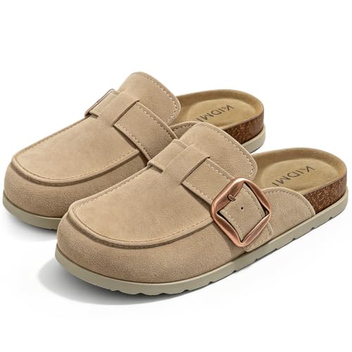 KIDMI Genuine Suede Clogs for Women Men Cork Footbed Leather Mules Slip On with Comfort Memory Foam and Adjustable Buckle Taupe Size 39