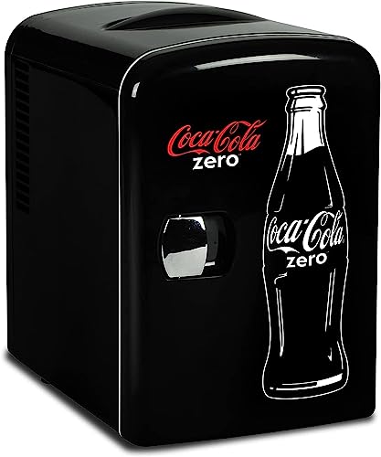 Coca Cola Coke Zero Mini Fridge For Bedrooms 4L Small 6 Can Table Top Quiet Mini Fridges For Skincare Office Food Drinks Kids Home Car & Travel 12V Portable Cooler Warmer Refrigerator (Black)