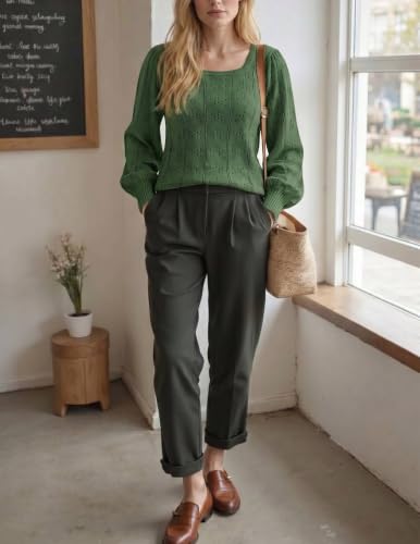 Image of HOTOUCH Sweaters for Women 2026 Fall Trendy Tops Casual Puff Sleeve Square Neck Cute Tunic Pullover Blouses XS-XXL